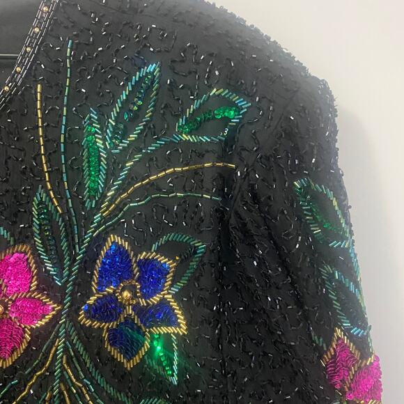 Scala Vintage 100% Silk Beaded Sequined Embellished Evening Jacket Size XL** - Picture 8 of 12